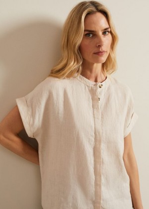 Beige Phase Eight Kelsie Button Through Linen T Shirts | 2409UEOFW