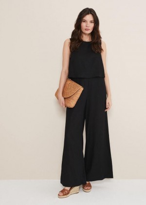 Black Phase Eight Aubrey Linen Wide Leg Jumpsuit | 0156SRKLW