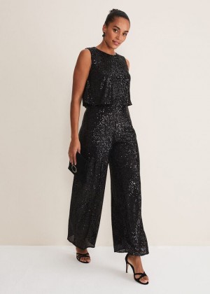 Black Phase Eight Aubrey Sequin Wide Leg Jumpsuit | 0672MZGBO