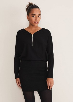 Black Phase Eight Becca Zip Neck Detail Dress | 7593DCAOP