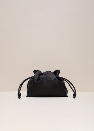 Black Phase Eight Black Leather Drawstring Soft Pouch Bags | 7406JELIR