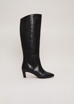 Black Phase Eight Black Leather Kitten Knee Boots | 1657KZYPN