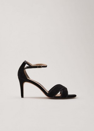 Black Phase Eight Black Velvet Open Toe Heels | 4612CPXHA