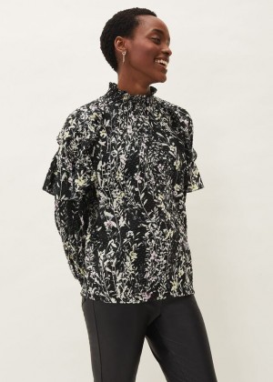 Black Phase Eight Daphne Floral Frill Shirts | 6753BCUNE