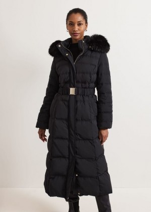 Black Phase Eight Dixie Long Fur Hood Puffer Coats | 8549EYWNV