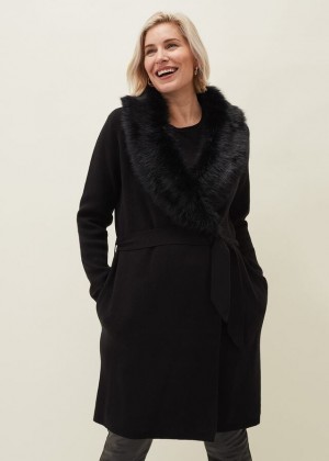 Black Phase Eight Edessa Fur Collar Wrap Coats | 1820AOCQP