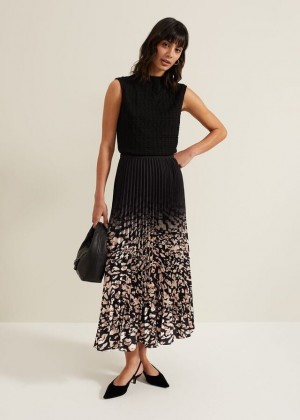 Black Phase Eight Elmina Abstract Print Pleated Skirts | 1974BKSRF