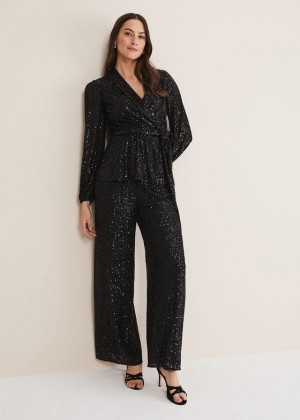 Black Phase Eight Florentine Sequin Trousers | 0915MDKRE