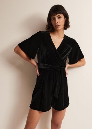 Black Phase Eight Holly Velvet Playsuit Jumpsuit | 2879YLAWE