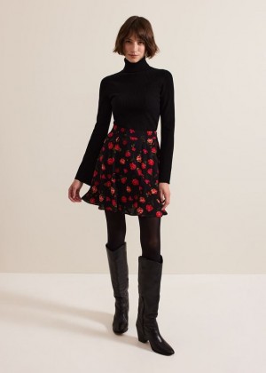 Black Phase Eight Ilaria Rose Print Flippy Skirts | 3509AKFES