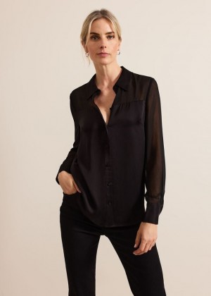 Black Phase Eight Inessa Mixed Media Satin Shirts | 8509ZUBIX