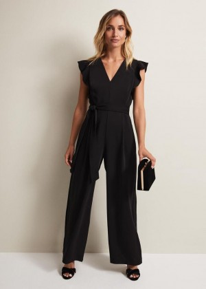 Black Phase Eight Kallie Ruffled Wide Leg Jumpsuit | 3289CYNXO