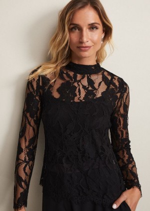 Black Phase Eight Lara Lace T Shirts | 7085BDOZP