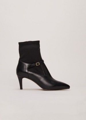 Black Phase Eight Leather Buckle Detail Sock Boots | 6352NSFZL