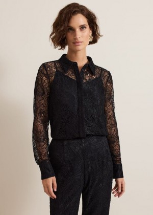 Black Phase Eight Livana Lace Shirts | 8374PULFV