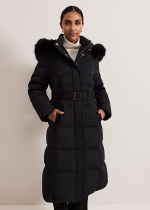 Black Phase Eight Petite Dixie Long Fur Hood Puffer Coats | 0237OPRSH