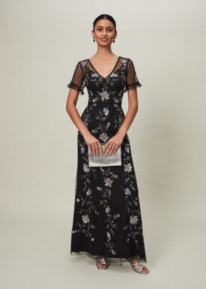 Black Phase Eight Sierra Sequin Floral Dress | 5842BSVIU