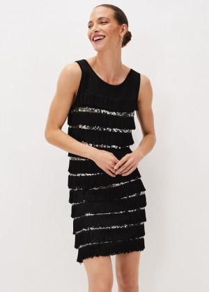 Black Phase Eight Sofianne Sequin Fringe Dress | 7926AXFQK