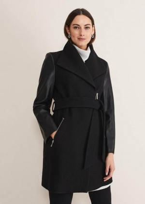 Black Phase Eight Tori Wool Contrast Sleeve Coats | 6084FDOQL