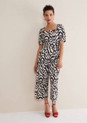 Black / Cream Phase Eight Sara Ikat Wide Leg Jumpsuit | 5962BKFOE