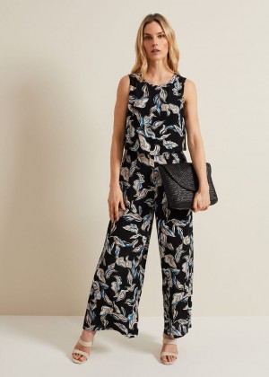 Black / Multicolor Phase Eight Aubrey Leaf Print Jumpsuit | 7483JLCPN