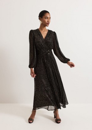 Black / Multicolor Phase Eight Emre Shimmer Burnout Dress | 2738BQFKY