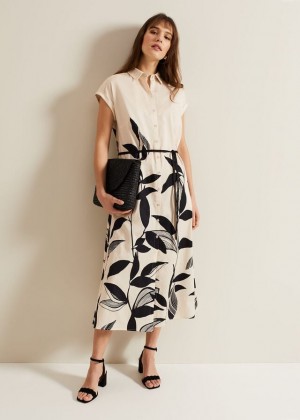 Black / Multicolor Phase Eight Felicity Leaf Print Dress | 1892IAJRM