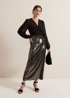 Black / Multicolor Phase Eight Petite Aniya Sequin Long Sleeve Dress | 0285VRKPT