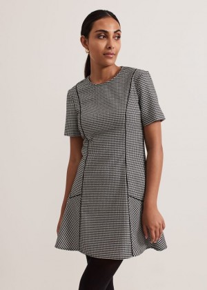 Black / Multicolor Phase Eight Petite Viola Houndstooth Dress | 9637JBTUP