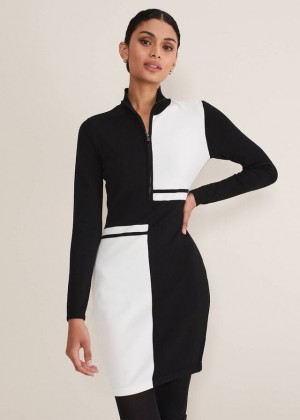 Black / White Phase Eight Arden Zip Detail Colourblock Tunic Dress | 2190ACKYL