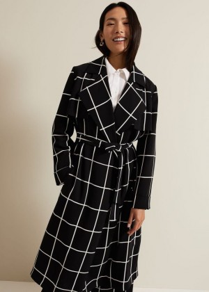 Black / White Phase Eight Aspen Check Drape Trench Jackets | 8320AFVKG