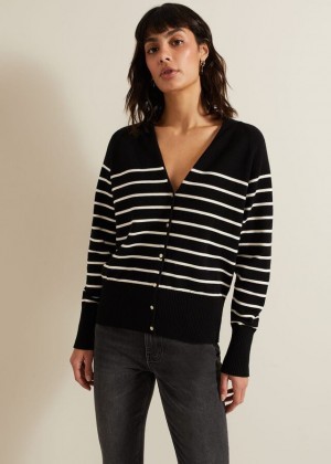 Black / White Phase Eight Nina V Neck Stripe Knitwear | 3081NYKUI