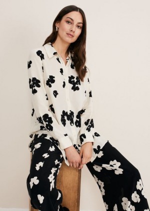 Black / White Phase Eight Rae Floral Longline Shirts | 6351JDCTB