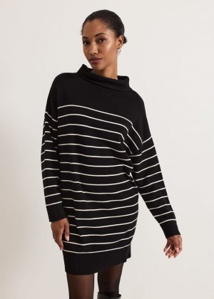 Black / White Phase Eight Skylar Stripe Funnel Neck Dress | 7934FSRAY