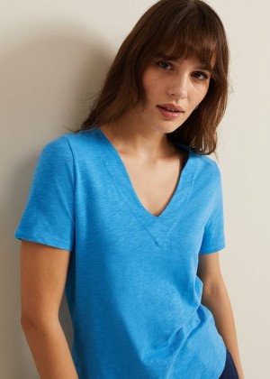 Blue Phase Eight Elspeth V Neck T Shirts | 7849LRWGK