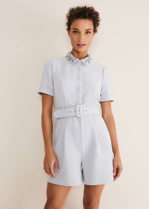 Blue Phase Eight Etta Embelished Collar Playsuit Jumpsuit | 6184AELJB