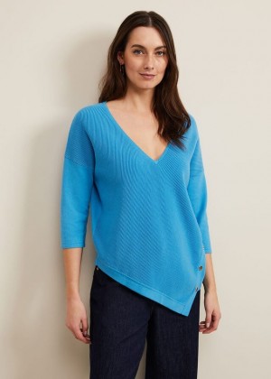 Blue Phase Eight Georgia Ribbed Asymmetric Button Knitwear | 5973TRWSX