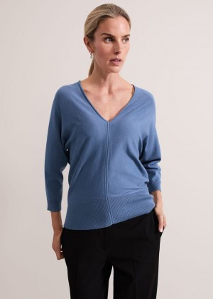 Blue Phase Eight Gina V Neck Batwing Knitwear | 3068MLDXR