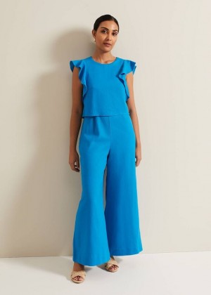 Blue Phase Eight Petite Aubrey Blue Linen Frill Jumpsuit | 9184JMDSV