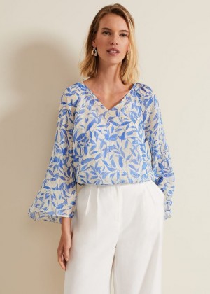 Blue Phase Eight Simi Leaf Print Filcoupe Shirts | 9576ABQER