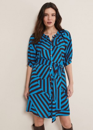 Blue / Chocolate Phase Eight Rosella Striped Dress | 2986BEIRQ