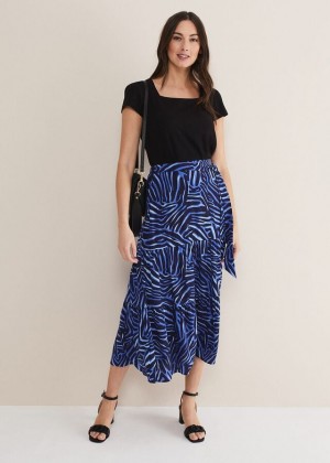 Blue / Multicolor Phase Eight Tana Zebra Print Tiered Skirts | 7149KTFJR