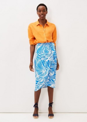 Blue / White Phase Eight Dorothy Shell Print Wrap Skirts | 3029UBWOY