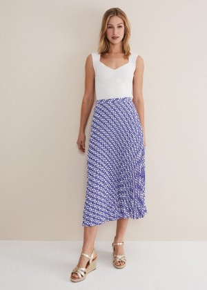 Blue / White Phase Eight Elmina Geo Pleated Skirts | 6085GLDJA