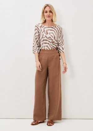 Brown Phase Eight Cassandra Linen Wide Legs Trousers | 5847HKIVS