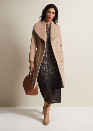 Brown Phase Eight Nicci Camel Wool Belted Coats | 1683PTHFC