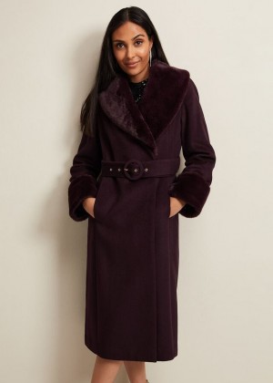 Burgundy Phase Eight Petite Zylah Faux Fur Collar Wool Coats | 7921MKHPJ