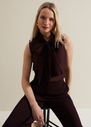 Burgundy Phase Eight Saylor Sleeveless Pussybow Shirts | 2834SBYLV