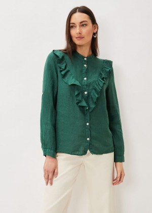 Dark Green Phase Eight Enid Linen Frill Shirts | 2456NWQJG