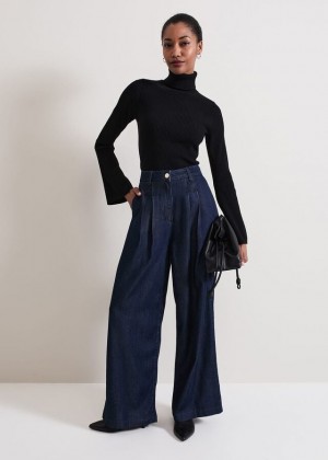 Dark Wash Phase Eight Cerys Denim Wide Leg Trousers | 8196UFBRY